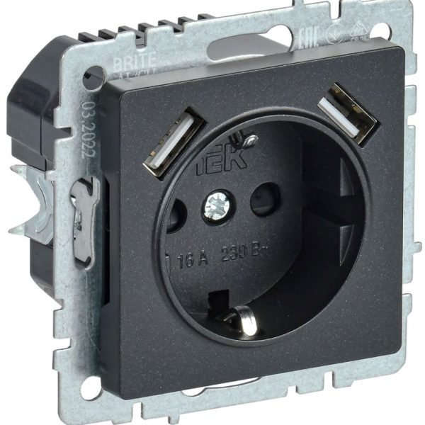 Розетка BRITE РЮш10-1-БрЧ 16А с USB A+A 2.1А с заземл. защ. шторки механизм черн