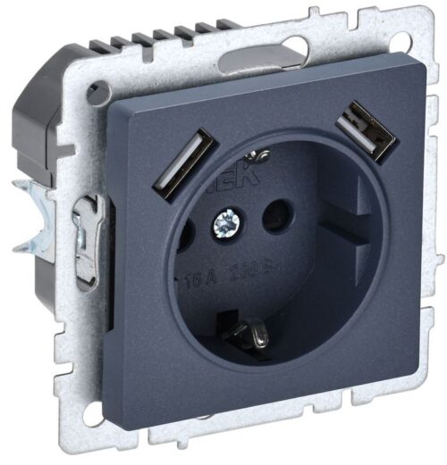 Розетка BRITE РЮш10-1-БрМ 16А с USB A+A 2.1А с заземл. защ. шторки механизм маренго