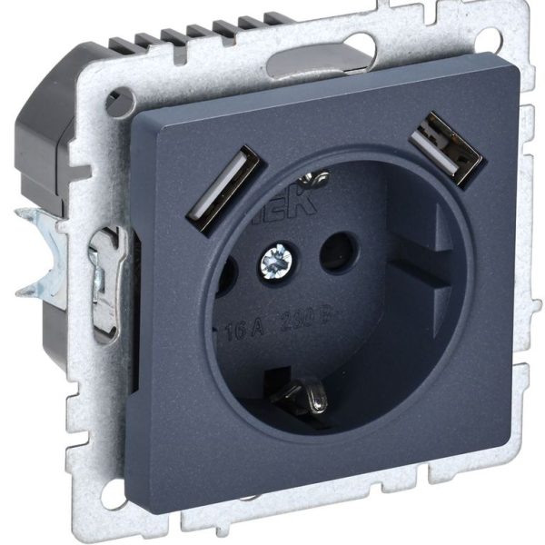 Розетка BRITE РЮш10-1-БрМ 16А с USB A+A 2.1А с заземл. защ. шторки механизм маренго