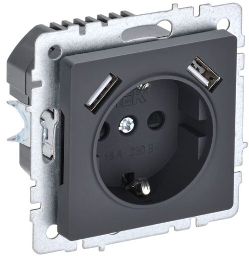 Розетка BRITE РЮш10-1-БрГ 16А с USB A+A 2.1А с заземл. защ. шторки механизм графит