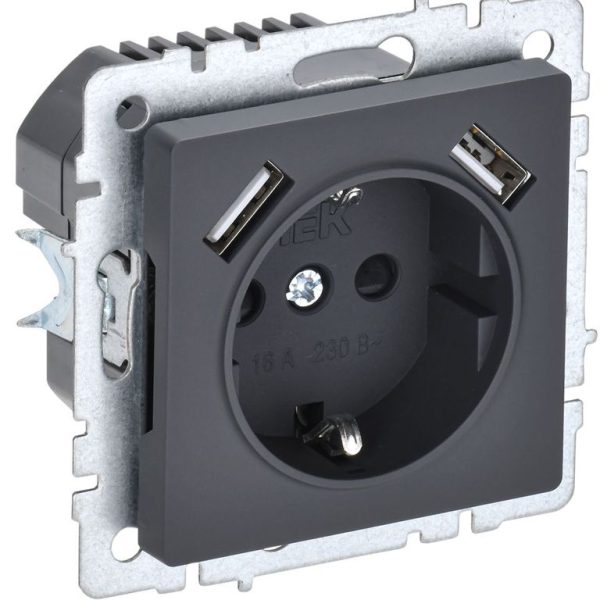 Розетка BRITE РЮш10-1-БрГ 16А с USB A+A 2.1А с заземл. защ. шторки механизм графит