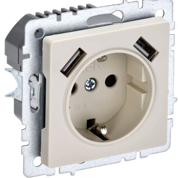 Розетка BRITE РЮш10-2-БрКр 16А с USB A+A 3.1А с заземл. защ. шторки механизм беж