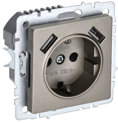 Розетка BRITE РЮш10-2-БрШ 16А с USB A+A 3.1А с заземл. защ. шторки механизм шампань