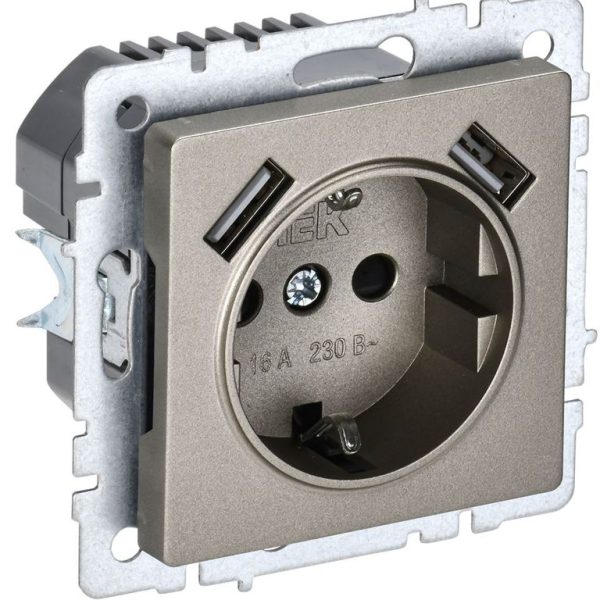 Розетка BRITE РЮш10-2-БрШ 16А с USB A+A 3.1А с заземл. защ. шторки механизм шампань