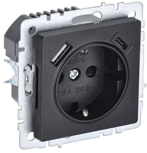 Розетка BRITE РЮш11-1-БрЧ 16А с USB A+C 18Вт с заземл. защ. шторки механизм черн