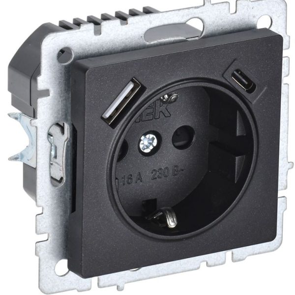 Розетка BRITE РЮш11-1-БрЧ 16А с USB A+C 18Вт с заземл. защ. шторки механизм черн