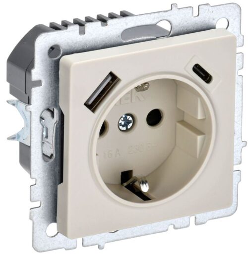 Розетка BRITE РЮш11-1-БрКр 16А с USB A+C 18Вт с заземл. защ. шторки механизм беж
