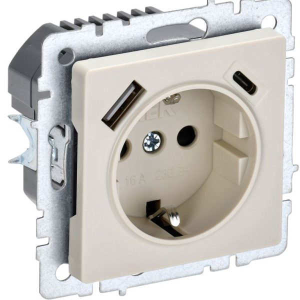 Розетка BRITE РЮш11-1-БрКр 16А с USB A+C 18Вт с заземл. защ. шторки механизм беж