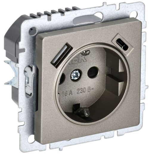 Розетка BRITE РЮш11-1-БрШ 16А с USB A+C 18Вт с заземл. защ. шторки механизм шампань