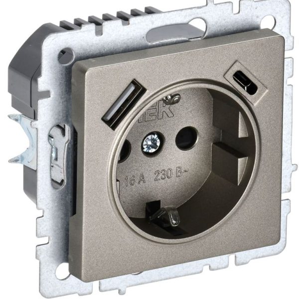 Розетка BRITE РЮш11-1-БрШ 16А с USB A+C 18Вт с заземл. защ. шторки механизм шампань