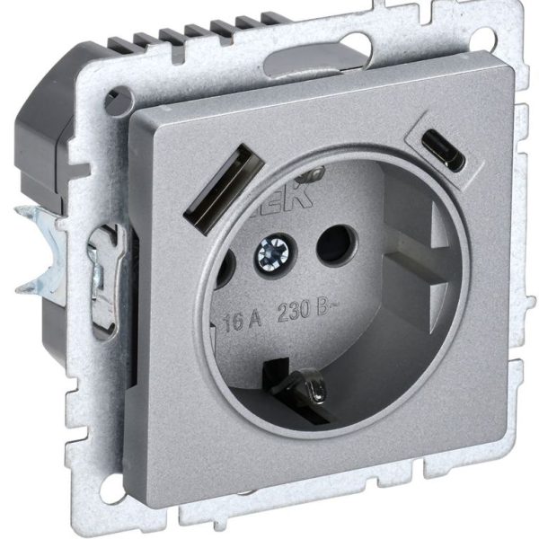 Розетка BRITE РЮш11-1-БрА 16А с USB A+C 18Вт с заземл. защ. шторки механизм алюм
