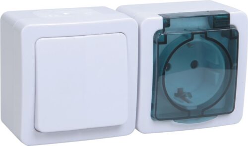 Блок ОП выключатель 1-кл. и розетка с заземл. контактом и крышкой для открытой установки бел. клавиша/дымчатая крышка БГб-22-31-ГПБд IP54