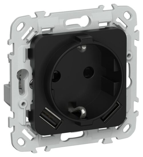 Розетка 1-м СП FLITE РСЮша11-1-ФлЧ 16А с USB A+A 3.1А с заземл. с защ. шторками безвинтовое крепление механизм черн