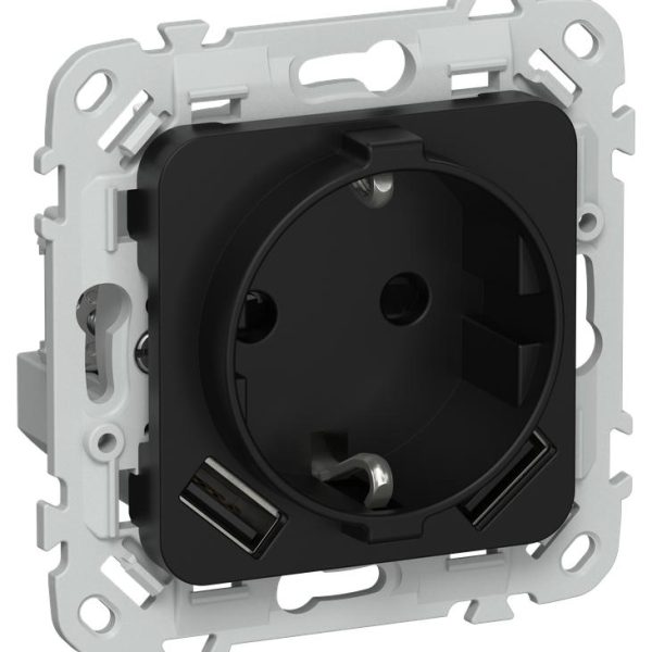 Розетка 1-м СП FLITE РСЮша11-1-ФлЧ 16А с USB A+A 3.1А с заземл. с защ. шторками безвинтовое крепление механизм черн