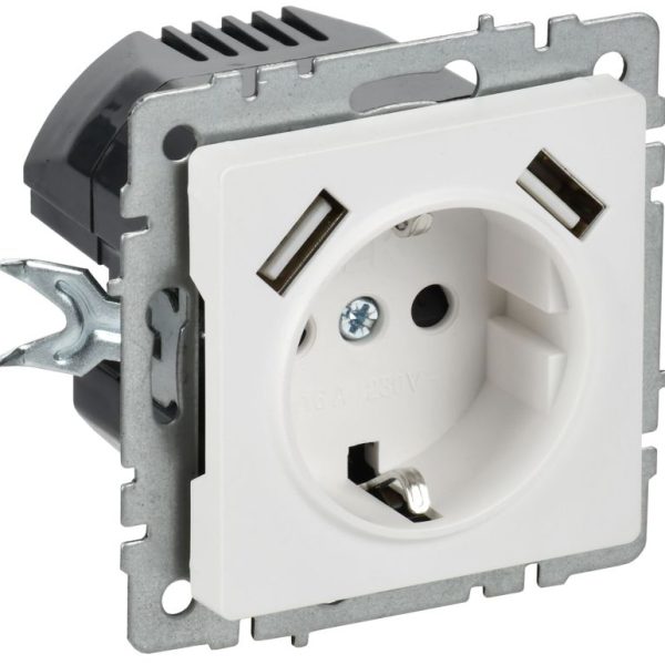 Розетка BRITE РЮш10-1-БрАБ 16А с USB A+A 2.1А с заземл. защ. шторки механизм арктич. бел