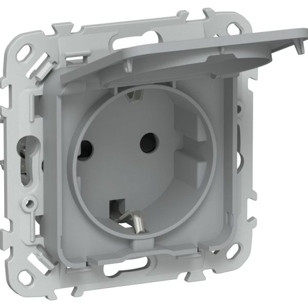 Розетка СП FLITE РСшкр11-1-44-ФлС 16А IP44 с заземл. с защ. шторками и крышкой безвинтовое крепление механизм сер