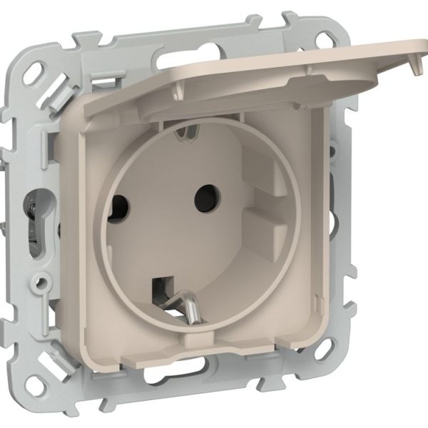 Розетка СП FLITE РСшкр11-1-44-ФлЛ 16А IP44 с заземл. с защ. шторками и крышкой безвинтовое крепление механизм льняной