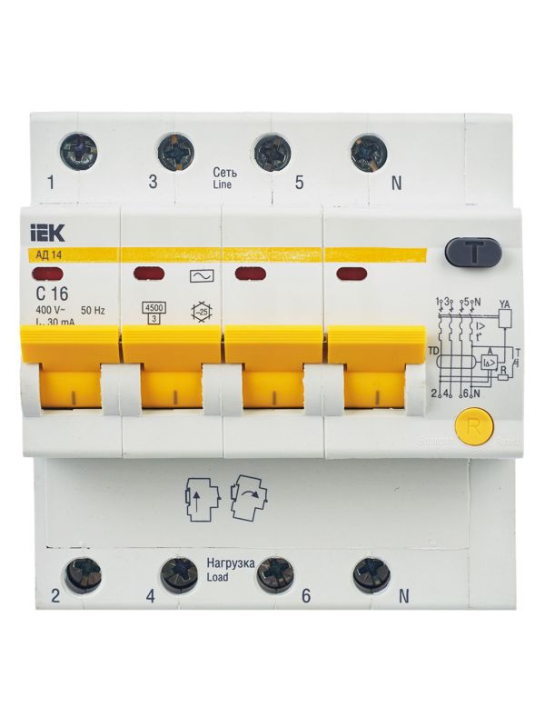 Выключатель автоматический дифференциального тока 4п C 16А 30мА тип AC 4.5кА АД-14 — изображение 2