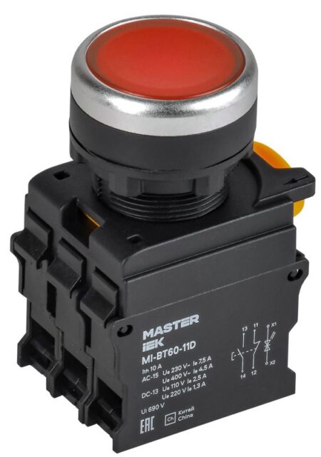 Кнопка d22мм 1НО+1НЗ MASTER с подсветкой красн