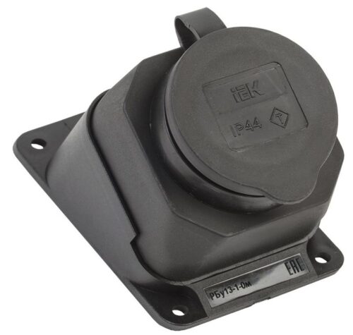 Розетка 1-м Омега РБу13-1-0м IP44 угловая настен. с заземл. с защ. крышкой каучук черн