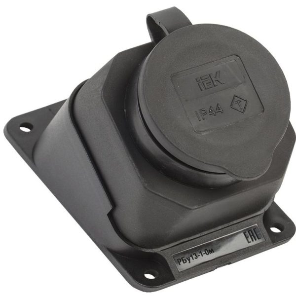 Розетка 1-м Омега РБу13-1-0м IP44 угловая настен. с заземл. с защ. крышкой каучук черн