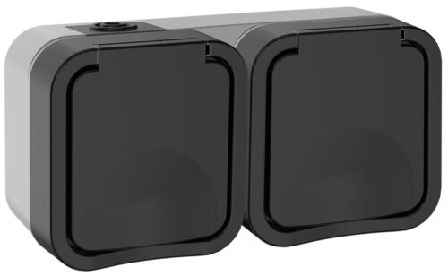 Розетка 2-м ОП TORS 16А IP55 TS122 горизонт. с заземл. с крышкой графит